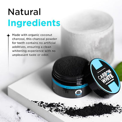 CARBON WHITE Teeth Whitening Powder - Natural Activated Coconut Charcoal Tooth Powder for Removing Stains & Discoloration - Helps Fight Tartar & Plaque, Freshens Breath - Tasteless, Odorless - 30g