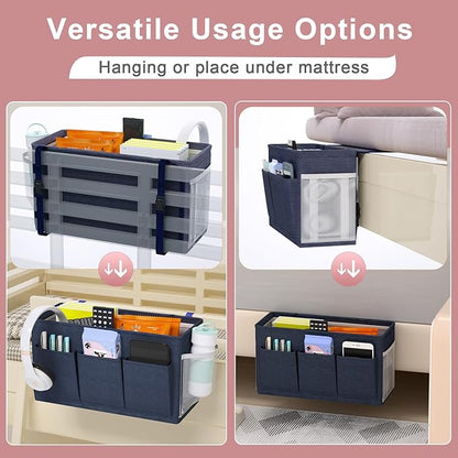 Dual-purpose Bedside Caddy Bedside Organizer, Bed Caddy with 6 Pockets, Versatile Bedside Storage Solution Magazine Remotes holder, ideal for Home, Dorm, Hospital, Crib Bed (Navy 2pcs)