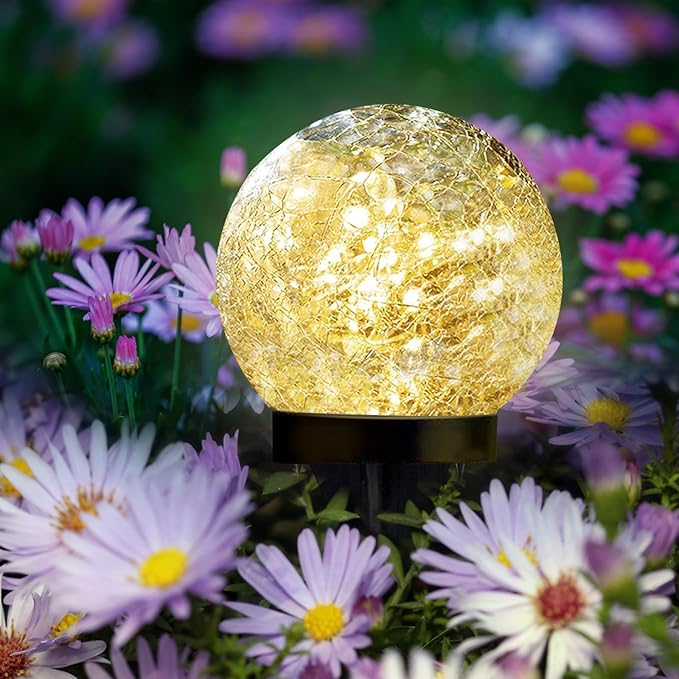 Solar Garden Lights Outdoor Waterproof, 6 Pack LEDs Cracked Glass Ball Light, Ground Landscape Garden Decor, Solar Globe Decorative for Pathway/Patio/Lawn/Yard (Warm White, 3.9")
