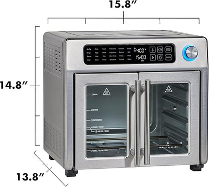 Emeril Lagasse 26QT French Door Multi-Function Air Fryer Toaster Oven | 26QT air fryer oven with French doors, 24 cooking functions, dual-speed fan and rotisserie for easy family meals.