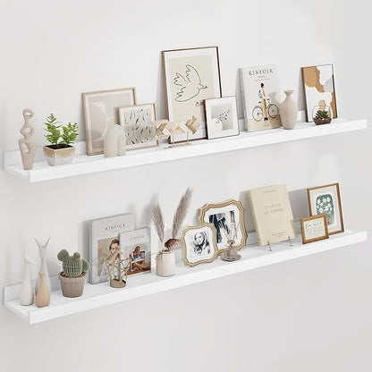 Floating Picture Ledge Shelves 55 Inch Solid Oak Wood Set of 2, Rustic Wall Storage Shelves with Lip, Kids Bookshelf, Photo & Picture Ledge Shelves for Bedroom, Living Room, Kitchen