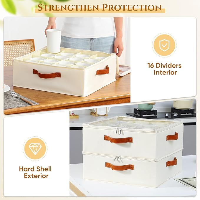 2 Pack Cup and Mug Storage Box with Dividers and Hard Shell, Stackable Coffee Cup Storage Organizer with Lid, Zipper, and Handles for Coffee Mugs, Cups, Glasses, Stemware Storage Containers for Moving