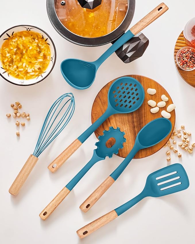Kitchen Utensils Set, 13PCS Silicone Cooking Utensils, Heat Resistant Kitchen Utensil Spatula Set for Nonstick Cookware, Wooden Handles Kitchen Gadgets Tools Set (BLUE)