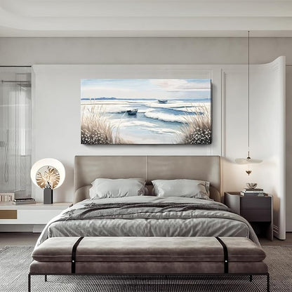 amatop Extra Large Wall Art for Living Room –Big Coastal Beach Minimalist Canvas Artwork with Sailboat Ocean Waves and Reeds Nautical Seascape Picture for Bedroom Decor Blue58x29 Inch