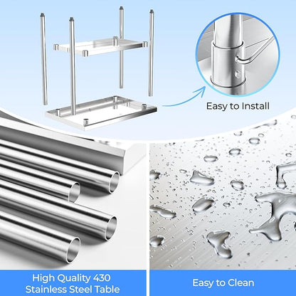 NUUK Stainless Steel Work Table 24 x 36 Inches Heavy Duty Commercial Workstation Adjustable Height Kitchen Food Prep Worktable for Restaurant, Home and Hotel