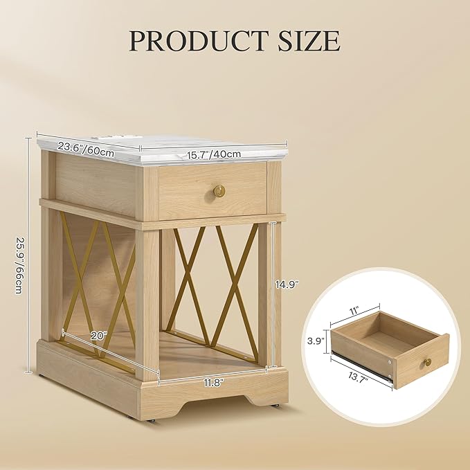 YITAHOME Farmhouse End Table Set of 2, Side Table with Power Outlets, Nightstand with Drawer and Open Storage, Rustic End Table for Living Room, Sleeping Room, Natural Walnut
