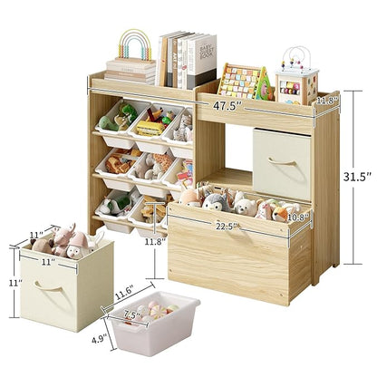Toy Storage Organizer for Kids, 9-Bin Toy Organizer with 2-Drawers,Movable Toy Chest and Top Rack, Multifunctional Kids Bookshelf and Toy Storage for Living Room, Playroom, Nursery, White