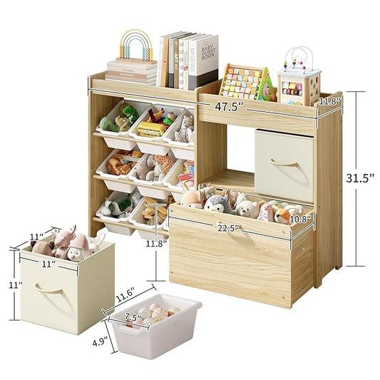 Toy Storage Organizer for Kids, 9-Bin Toy Organizer with 2-Drawers,Movable Toy Chest and Top Rack, Multifunctional Kids Bookshelf and Toy Storage for Living Room, Playroom, Nursery, White