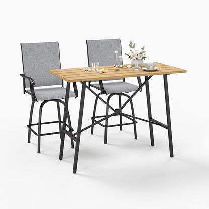 Sophia & William Outdoor Bar Set, Patio Bar Table and Chairs Set, Bar Height Patio Set - 2 x Swivel Bar Chairs(Grey), 1 x Rectangular Bar Table(Wood-Like)
