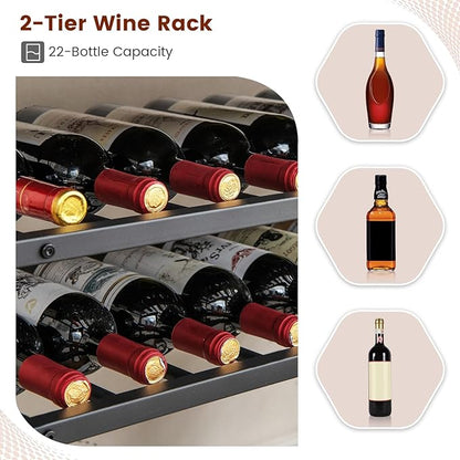 GOFLAME Industrial Wine Rack Table, Wine Bar Cabinet with 2-Tier Wine Rack, 4 Row Glass Holder and Storage Shelves, Freestanding Floor Liquor Storage Stand for Kitchen, Dining Room, Rustic Brown