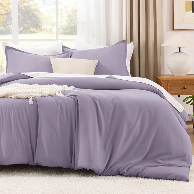 Litanika Grayish Lavender Purple Comforter Set Full Size, 3 Pieces Lightweight Solid Bedding Comforter Set, All Season Fluffy Bed Set (79x90In Comforter & 2 Pillowcases)