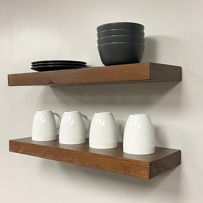 URBANDI, Rustic Floating Shelves, Set of 2, Hidden Bracket, Solid Wood, Heavy Duty, Wall Mounted Shelves, (Provincial, 60Wx8D)