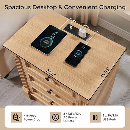 26" Tall Farmhouse Nightstand Set of 2, 3 Drawers End Table w/Charging Station, 23.6" Wide Large Side Table w/Roman Column, Wood Rustic Sofa Table for Bedroom, Natrual