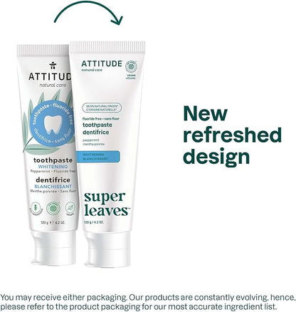 Attitude Fluoride-Free Whitening Toothpaste, Peppermint Flavor, Vegan & Cruelty-Free, Sugar-Free, Plant & Mineral-Based Ingredients, Clean Oral Care, 4.2 Oz