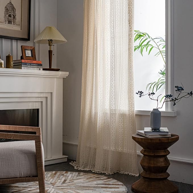 Sutuo Home Boho Curtain Crochet Lace Semi-Sheer Florals Hollow Knitted Handmade Tassels, Rod Pocket Window Treatment Vintage Rustic Farmhouse Drapes for Living Bedroom, 1 Panel 59" W x 63" L, Beige
