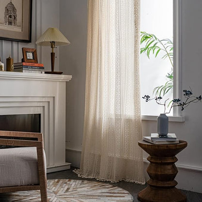 Sutuo Home Boho Curtain Crochet Lace Semi-Sheer Florals Hollow Knitted Handmade Tassels, Rod Pocket Window Treatment Vintage Rustic Farmhouse Drapes for Living Bedroom, 1 Panel 59" W x 63" L, Beige