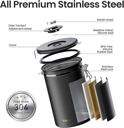 Veken Coffee Canister, 39OZ Large, Airtight Stainless Steel Food Storage Container for 2.2lbs Coffee Beans, Ground, Sugar, Tea, Flour, Rice, Cereal, Cookies Jars, Bar Accessories & Gifts, Black