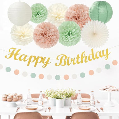 Sage-Green Blush-Pink Birthday Garland Party-Decorations - 14pcs Happy Banner 21st Spring Paper Flowers Lanterns Beige Tissue Pom Poms,Boho Streamers Fans,Neutral Rustic Hanging Supplies Decor Hugfond