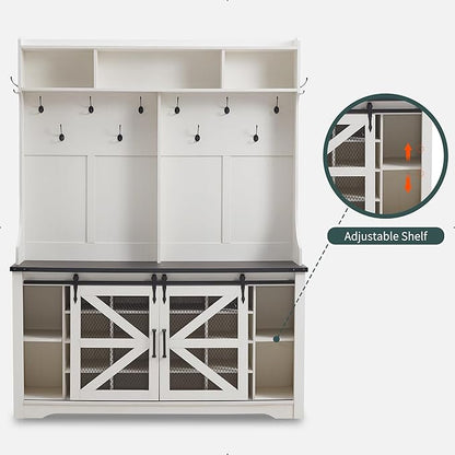 JXQTLINGMU 59" Farmhouse Hall Tree with Shoe Storage, Entryway Bench with 20 Cubbies, 12 Hooks & Sliding Barn Doors, Mudroom Coat Rack Cabinet, Off White