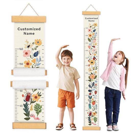 Personalized Name Growth Chart Wall Decor for Kids – Canvas Removable Height Chart Measuring Ruler 59" x 7.9" (Flowers)