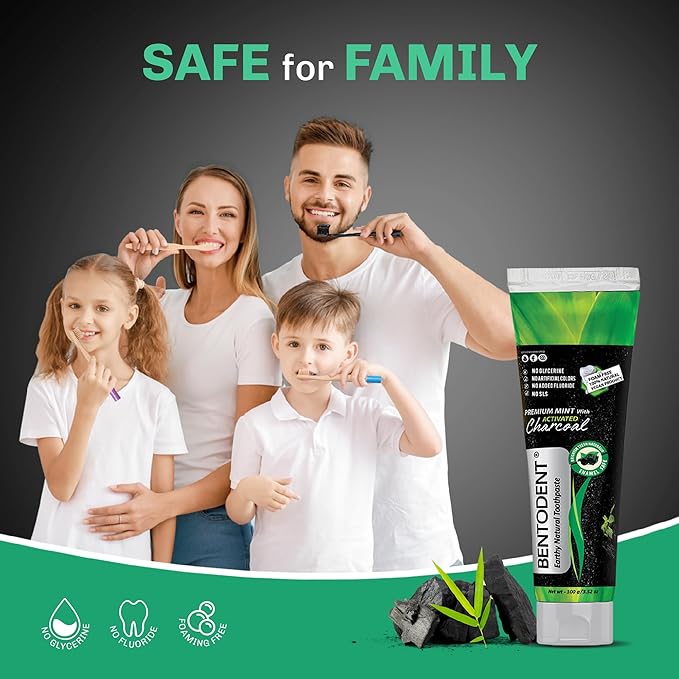 BENTODENT Fluoride Free Organic Charcoal Toothpaste with Bentonite Clay for Teeth Whitening- Natural Sensitive Teeth Whitening Toothpaste, Vegan, Travel