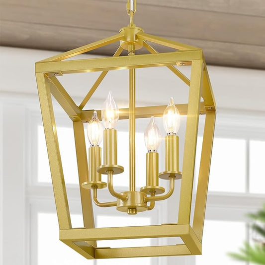 Gold Chandelier 4-Light, Farmhouse Pendant Light Fixture Adjustable Height, Modern Dining Room Light Fixture, Lantern Ceiling Hanging Lighting with Metal Cage for Kitchen Island Entryway Foyer