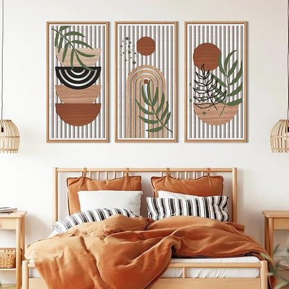 IARTTOP Large Boho Wood Wall Art Framed 16x32 Inch Mid century Modern Wooden Wall Decor Abstract Bohemian Minimalist Art Decor for Bedroom Living Room Office Set of 3