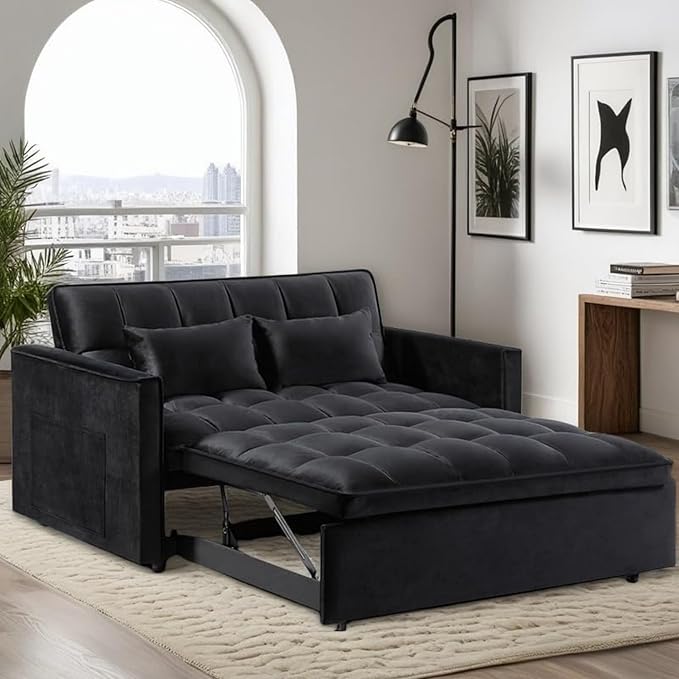 3 in 1 Convertible Sleeper Sofa Bed, Velvet Pull Out Sofas Beds with Side Pocket, 54” Adjustable Backrest Futon Sofa Bed, Love Seat Sleepers Couch for Living Room, Bedroom, Small Space, Black