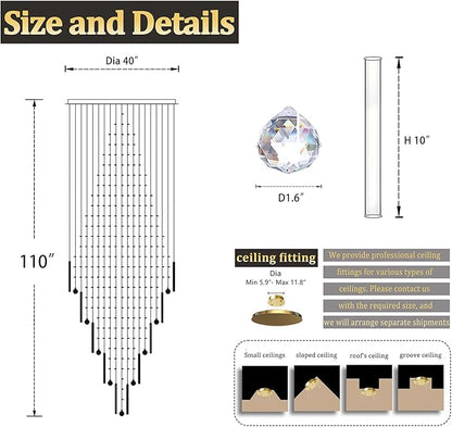 Flashing God D40''X H110'' High Ceiling Big Chandelier Crystal Raindrop Gold Chandeliers Staircase Large Chandelier Entrance Foyer High Ceiling Lighting Include 15 LED Bulbs Dimmable 2700K-4500K-6000K