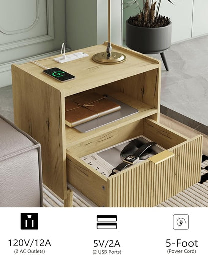 Nightstand,Modern Bedside Table with Storage Drawer and Open Wood Shelf, Accent Night Stand with Solid Wood Legs for Living Room, Bedroom and Small Spaces,Easy Assembly (Yellow Oak-Outlet)