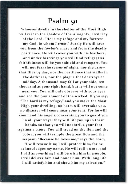 LuZhiQiang Psalm 91 Scripture Wall Art 16"×11" Bible Verse Christian Inspirational Sign Wood Framed Wall Hanging Decor (Black)