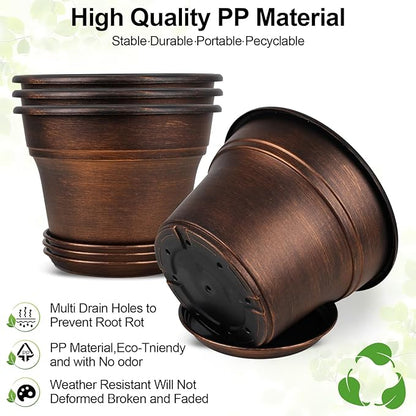 Plant Planters Pots Set of 6 Pack 6 Inch, Plastic Flower Pot for Indoor Plants with Drainage Holes & Trays, Resin Decorative Container Sets with Saucer for House Outdoor Garden Planters Dark Gold