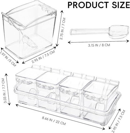 Clear Seasoning Box, 4 Pieces Seasoning Rack Spice Pots, Storage Container Condiment Jars Acrylic Seasoning Box with Covers and Spoons for Spice, Sugar, Salt, Sugar, Cardamon, Cinnamon