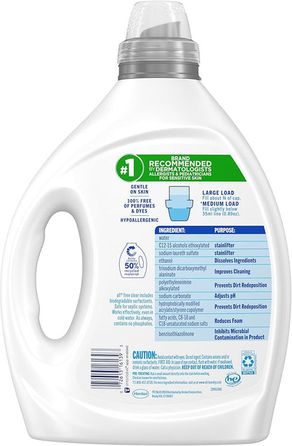 all Liquid Laundry Detergent, Free Clear for Sensitive Skin with OXI, Unscented and Hypoallergenic, 2X Concentrated, 90 Loads