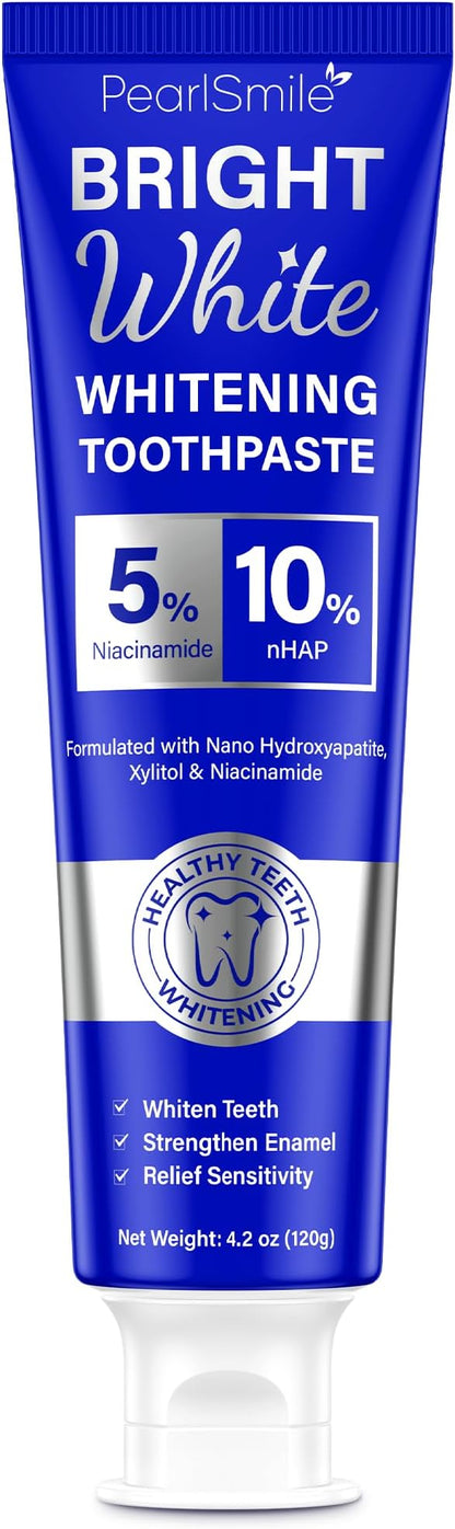 PearlSmile Niacinamide Hydroxyapatite Whitening Toothpaste – 10% Nano Hydroxyapatite + 5% Niacinamide – Strengthens Enamel, Remineralizes, Brightens Teeth – Fluoride-Free, Travel Size, 4.2oz (120g)