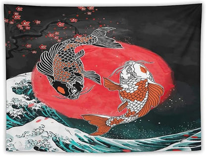 Houselerax Koi Fish Tapestries,Japanese Style Yin Yang Big Wave Cherry Blossoms Tapestry Wall Hanging for Bedroom Living Room Office Decor 60"x40"