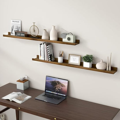 Picture Ledge Wall Shelves 48 inch Width Set of 2, Solid Pine Wood Rustic Floating Ledge Shelves for Wall for Kids' Room Bedroom Kitchen Bathroom Living Room Nursery Display Wall Decor, Walnut