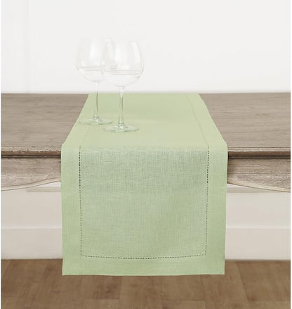 Solino Home Linen Table Runner 60 Inches - 100% Pure Linen Sage Green Hemstitch Table Runner 14 x 60 Inch Ideal for Dresser and Coffee Tables - Fall, Autumn, Thanksgiving - Classic Hemstitch