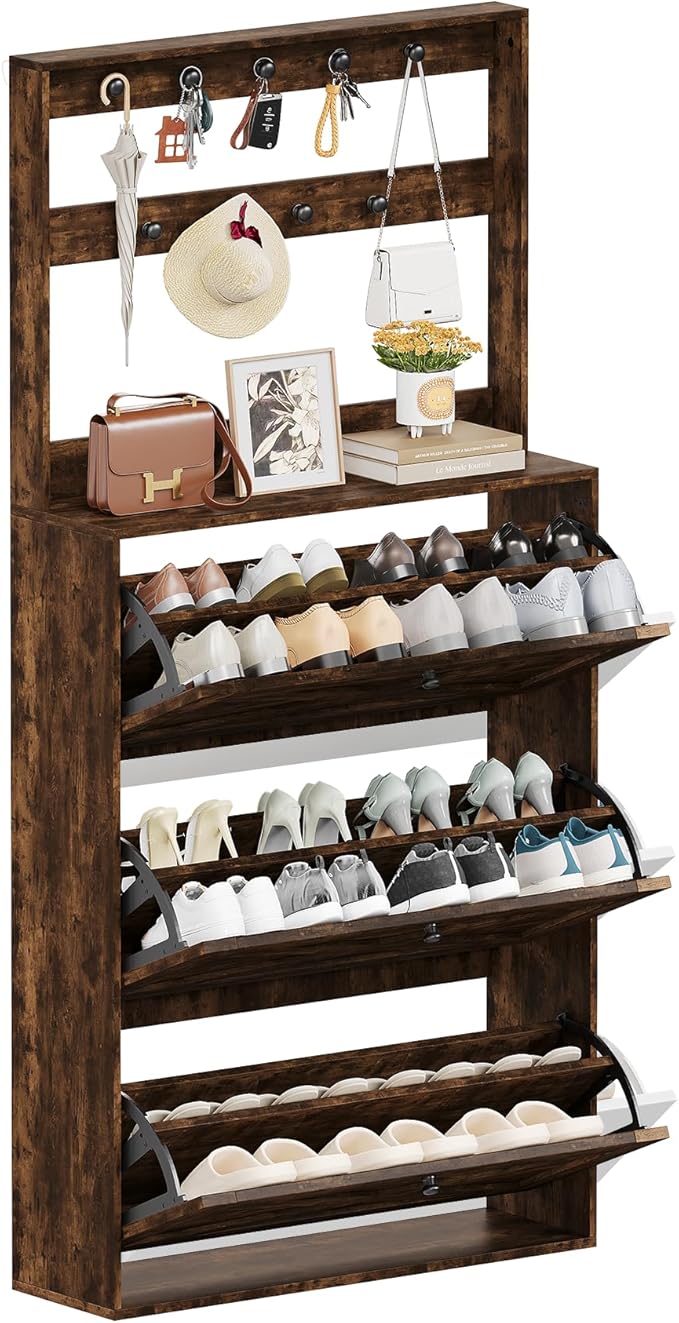 Shoe Cabinet Set 2 with 3 Flip Drawers, Narrow Shoe Cabinet with 9 Hooks Coat Rack, Freestanding Shoes Storage Cabinets with Adjustable Shelves for Entryway, Hallway, Living Room, Rustic Brown