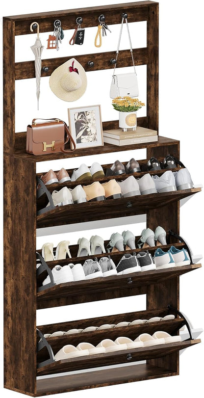 Shoe Cabinet Set 2 with 3 Flip Drawers, Narrow Shoe Cabinet with 9 Hooks Coat Rack, Freestanding Shoes Storage Cabinets with Adjustable Shelves for Entryway, Hallway, Living Room, Rustic Brown