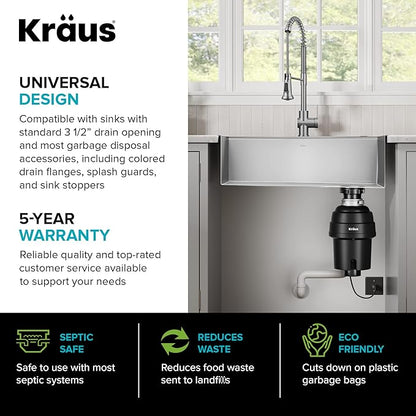 KRAUS WasteGuard 1 HP Ultra-Quiet Garbage Disposal with Quick Connect, Kitchen Sink Drain Cover, Power Cord and Flange Included, KWD100-100MBL