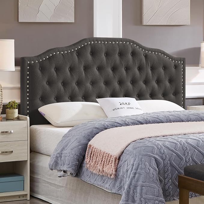24KF Upholstered Button Tufted Queen Headboard with Nailhead Trim, Elegant Boucle Fabric Full headboard, 6031-Q-Boucle-Dark Gray