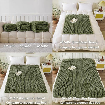 WESHIONGOO Chunky Knit Blanket Throw 40"×40" Knitted Throw Blankets for Couch Bed Fluffy Soft Blanket with Jumbo Chenille Yarn Thick 100% Handmade (Olive Green)