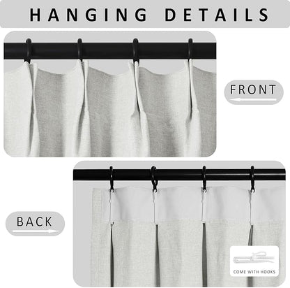 Macochico Extra Wide Full Blackout Linen Curtains for Sliding Door Greyish White Pinch Pleated Linen Curtains 96 Inches Long for Bedroom Living Room Farmhouse with Tieback 120”Wx96”L 1 Panel