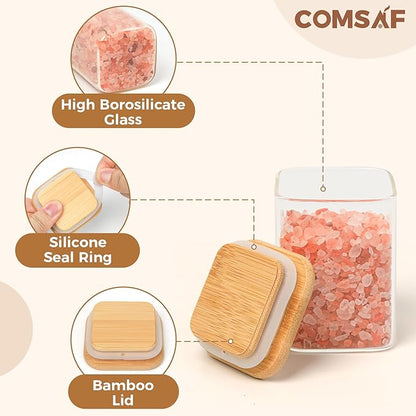 ComSaf 16Pcs Glass Spice Jars with Bamboo Lid, 6oz Airtight Square Containers with 275 Black Lables, Empty Seasoning Jars for Salt Sugar