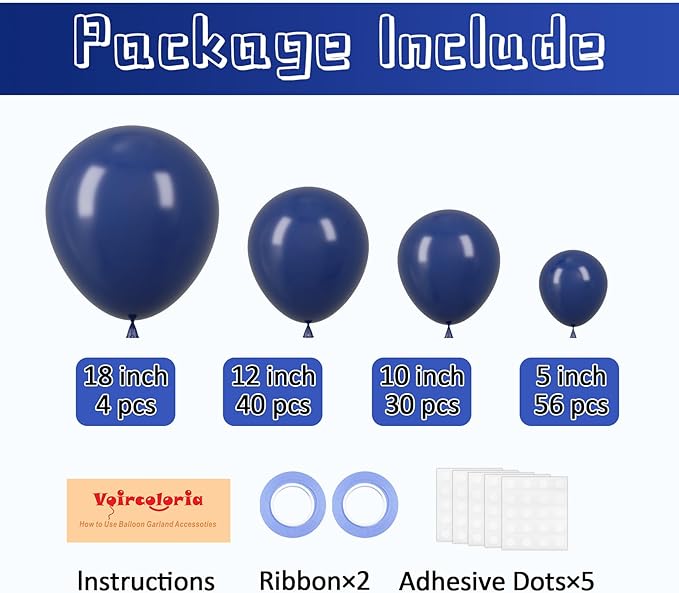 130pcs Navy Blue Balloons Different Sizes 18" 12" 10" 5" Dark Blue Balloons for Birthday Graduation Baby Shower Anniversary New Year Party Holiday Decorations
