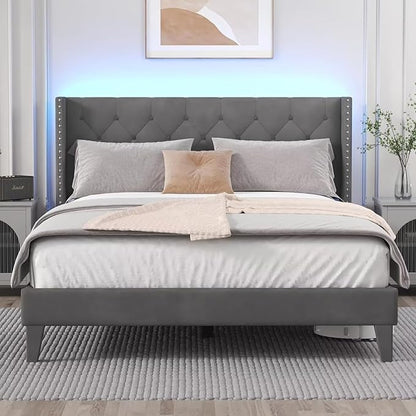 King Size Bed Frame with LED Lights, Upholstered Bed Frame with Wingback Diamond Tufted Headboard, Wood Slats Support, Noise-Free, Easy Assembly, No Box Spring Needed, Grey