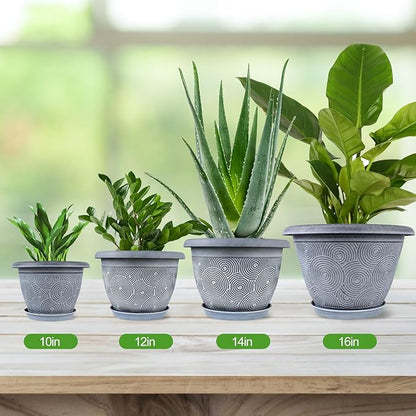 14 Inch Large Planter Pot for Plants Indoor Outdoor, 4 Pack Plastic Flower Pots with Drainage Hole & Tray, Modern Decorative Garden Pot with Saucer, Plant Container for House