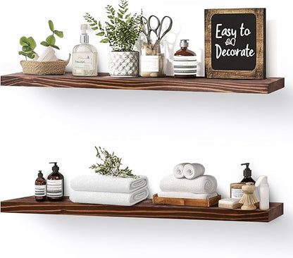 Floating Wall Shelves 2-Pack - 24-Inch Rustic Brown Wooden Shelves for Storage and Décor, Easy Installation for Living Room, Bedroom, and Kitchen