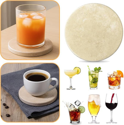 Beige Natural Travertine Marble Coasters Set of 4, Round 4 Inch Diameter Drink Marble Coasters for Housewarming Gifts, Anniversaries, Office Decorations Protect Tables from Stains & Scratches